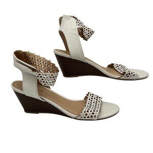 XOXO Womens White Laser Cut Wedge Sandals Size 7.5 Open Toe Ankle Strap